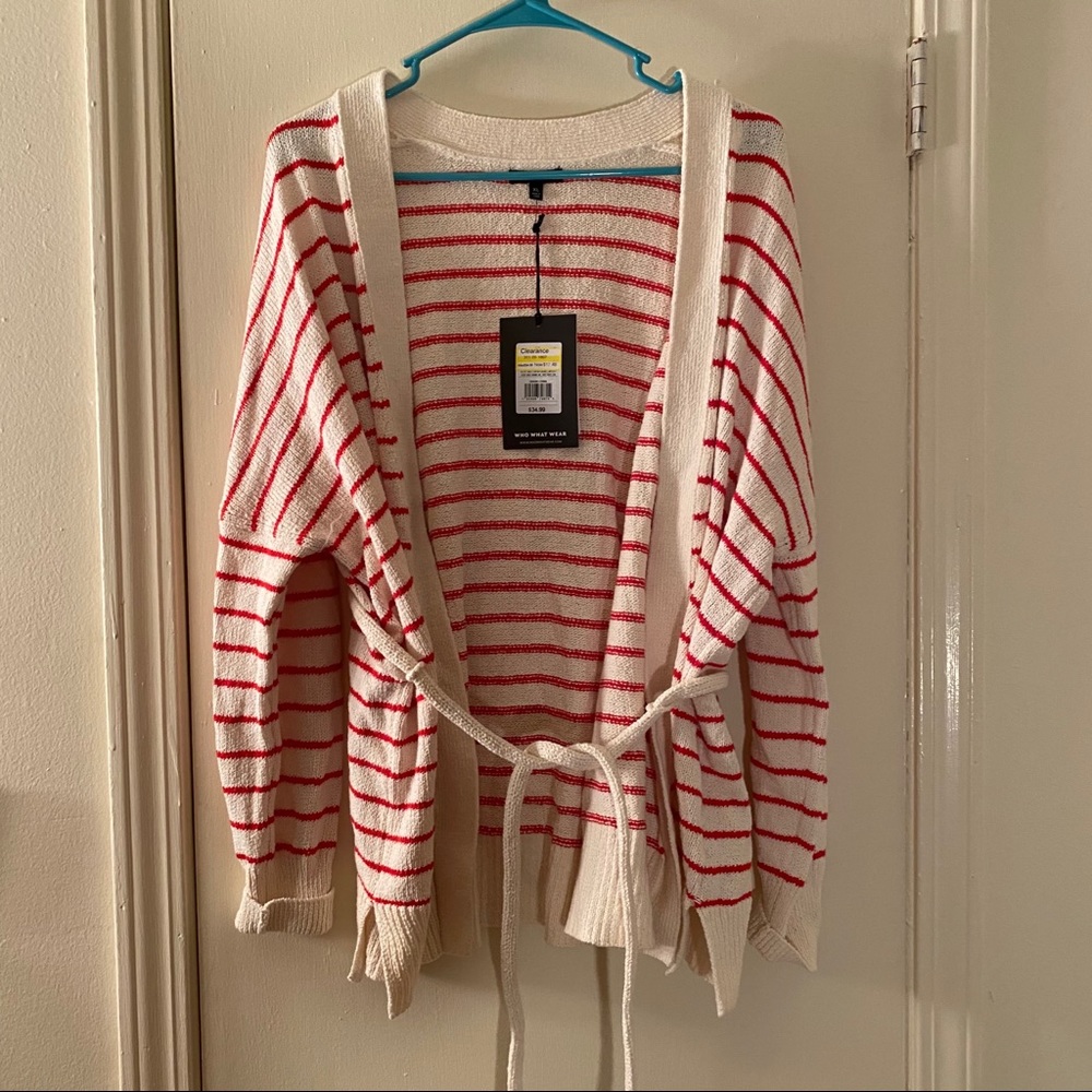 NWT XL white and red stripped cardigan with tie